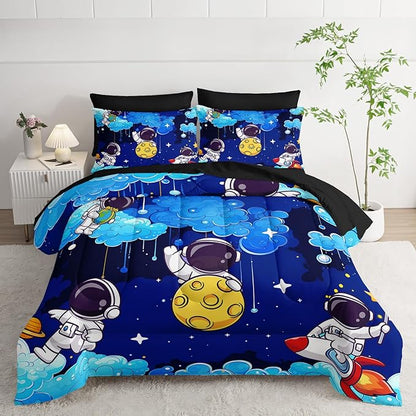 7 Piece Blue Queen Comforter Set for Boys Astronaut，Space Themed Queen Bedding Set，(1 Comforter, 1 Flat Sheet, 1 Fitted Sheet, 2 Pillowcase and 2 Pillow Sham)