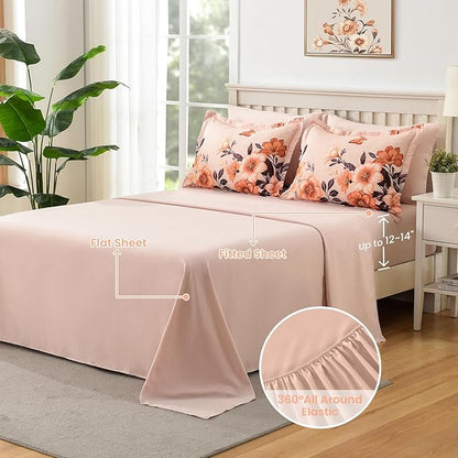 Floral King Size Comforter Set,7 Piece Orange Bed in a Bag, Elegant Flower Pattern Comforter Set with Sheet, Soft Microfiber Complete Bedding Sets for All Season