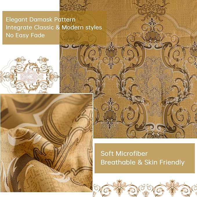 Mybedsoul 7 Pieces Gold Comforter Set King Size, Damask Bed in a Bag for King Bed, Lightweight Microfiber Boho Bedding Sets with Comforter, Sheet, Pillowcases & Shams for All Season(90"x104")
