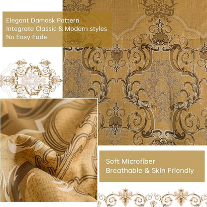 Mybedsoul 7 Pieces Gold Comforter Set King Size, Damask Bed in a Bag for King Bed, Lightweight Microfiber Boho Bedding Sets with Comforter, Sheet, Pillowcases & Shams for All Season(90"x104")