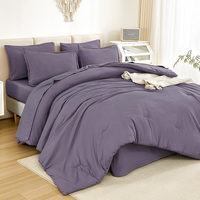 Litanika Full Size Comforter Sets Grey Purple - 7 Pieces Bed in a Bag Full Bedding Comforter Sets, Solid Lightweight Bed Set with Comforter, Sheets, Pillowcases & Shams
