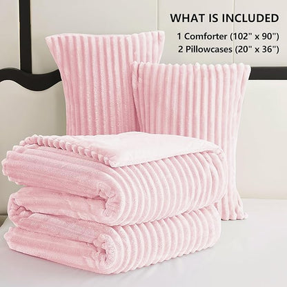 CozyLux Fluffy King Size Comforter Set - Super Soft Faux Fur Pink Comforter King Size, Winter Warm Fleece Bedding Set, 3 Pieces Plush Fuzzy Bed Set (1 Shaggy Comforter, 2 Pillowcases)