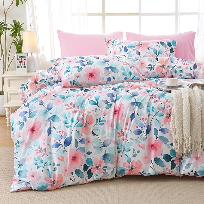 MUXHOMO Pink Blue Branch Full Comforter Set, Elegant Floral Print Bed in a Bag 7 Pieces, Ultra Soft & Breathable Reversible Botanical Pattern Bedding Set with Comforter, Sheets, Pillowcases, and Shams