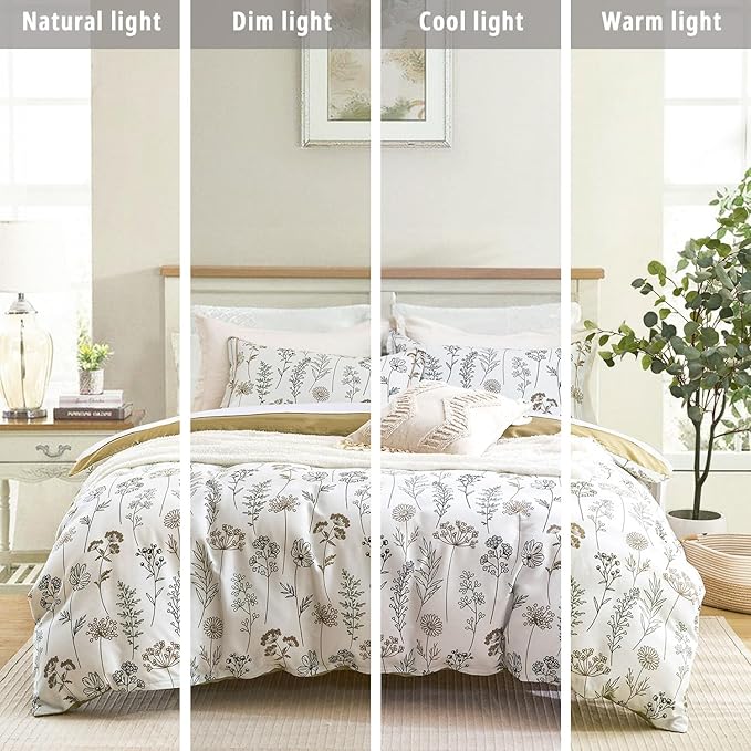 White Botanical Cotton Comforter King Size - 3PC Lightweight Bedding Sets with Ultra-Soft Alternative Fill, Luxurious Pale Mustard Reversible Design (1 Comforter, 2 Pillowshams)