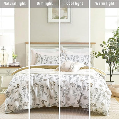 White Botanical Cotton Comforter Queen Size - 3PC Lightweight Bedding Sets with Ultra-Soft Alternative Fill, Luxurious Pale Mustard Reversible Design (1 Comforter, 2 Pillowshams)