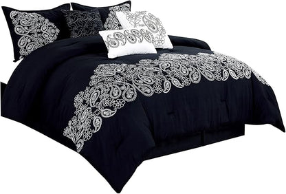 Chezmoi Collection Linz 7-Piece Black/White Paisley Floral Scroll Embroidered Comforter Set, Queen