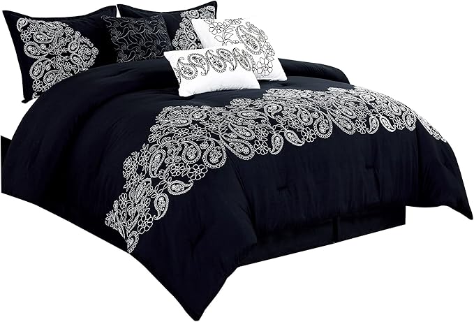 Chezmoi Collection Linz 7-Piece Black/White Paisley Floral Scroll Embroidered Comforter Set, King