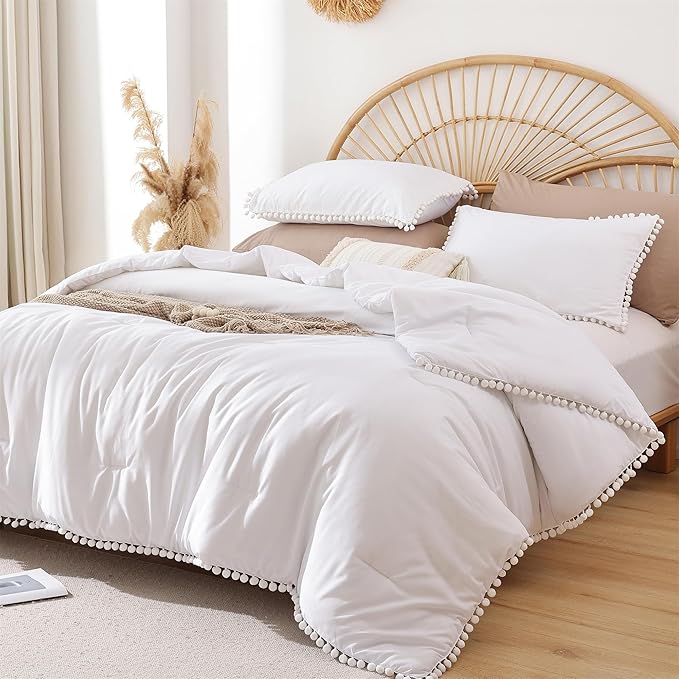 YIRDDEO Full Size Comforter Sets - Full Size Comforter with Ball Pom Fringe, Soft Bedding Set for All Seasons - 3 Pieces, 1 Comforter (79"x90") & 2 Pillow Shams(20"x26"), White
