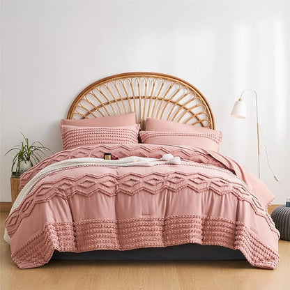 Blush Pink Tufted Comforter Set Queen Size 7 Piece Bed in a Bag, Shabby Chic Boho Comforter and Sheet Set, Pom Pom Textured Bed Set, All Season Soft Microfiber Complete Bedding Set(Pink,Queen)