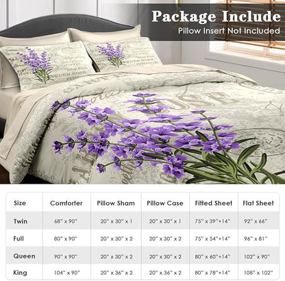 Comforter Set Queenl Size, Lavender Flower Vintage 7 Pcs Bedding for Kids and Adults, Retro Botanical Purple Plant Bed Sheet Sets with Fitted Sheet 2 Pillowcases & 2 Shams