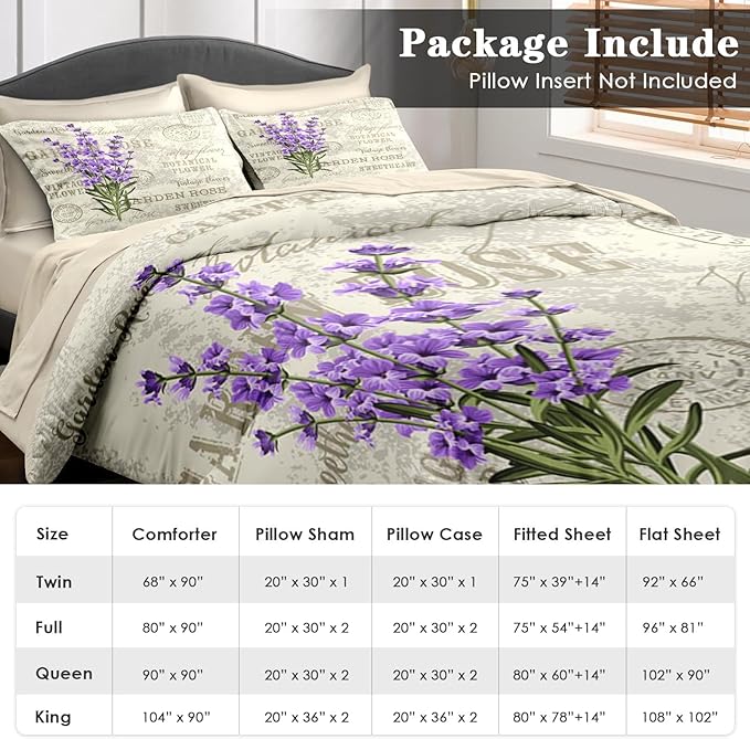 Comforter Set Twin Size, Vintage Lavender Flower 5 Pcs Bedding for Kids and Adults, Retro Botanical Plant Bed Sheet Sets with Fitted Sheet Pillowcase & Sham for Bedroom Bed Decor