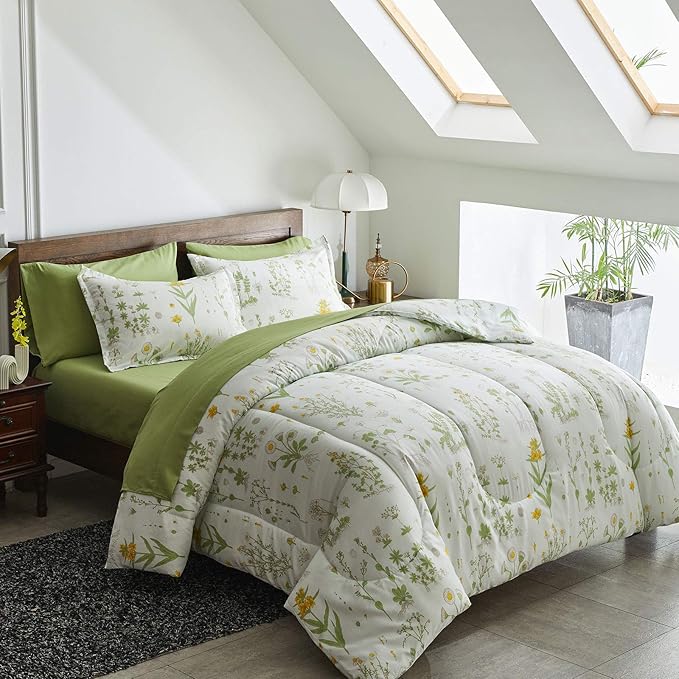 Joyreap 7 Piece Bed in a Bag King, Green Leaves Yellow Flower Botanical Design, Smooth Soft Microfiber Comforter Set (1 Comforter, 2 Pillow Shams, 1 Flat Sheet, 1 Fitted Sheet, 2 Pillowcases)