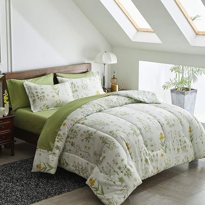 Joyreap 7 Piece Bed in a Bag King, Green Leaves Yellow Flower Botanical Design, Smooth Soft Microfiber Comforter Set (1 Comforter, 2 Pillow Shams, 1 Flat Sheet, 1 Fitted Sheet, 2 Pillowcases)