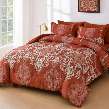 Mybedsoul 7 Pieces Terracotta Comforter Set Queen Size, Damask Bed in a Bag for Queen Bed, Lightweight Microfiber Boho Bedding Sets with Comforter, Sheet, Pillowcases & Shams for All Season (90"x90")