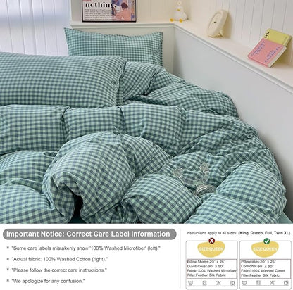 mixinni Dark Green Gingham Comforter Set King, Plaid Comforter Set 3 Pieces 1 Teal Grid Comfoter with 2 Pillow Cases for All Seasons, Soft Fluffy Modern Grid Pattern Printed Bedding-King Size