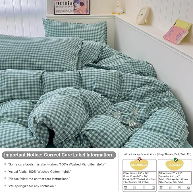 mixinni Dark Green Gingham Comforter Set Queen, Plaid Comforter Set 3 Pieces 1 Teal Grid Comfoter with 2 Pillow Cases for All Seasons, Soft Fluffy Modern Grid Pattern Printed Bedding-Queen Size
