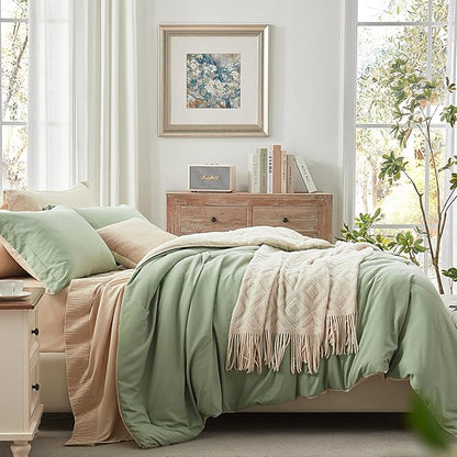 Anluoer Queen Size Bed in a Bag 7 Pieces, Sage Green Bed Set with Comforter, Pillow Shams, Pillowcases, Flat Sheet, Fitted Sheet