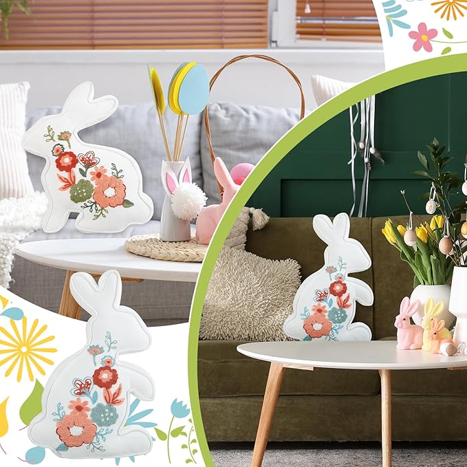 2 Pcs Easter Bunny Throw Pillow 2 Size Soft Velvet Bunny Shaped Floral Embroidered Rabbit Decorative Pillow Spring Office Decor for Sofa Bed Chair Living room, 18 x 11.8 Inch, 16.5 x 11.4 Inch