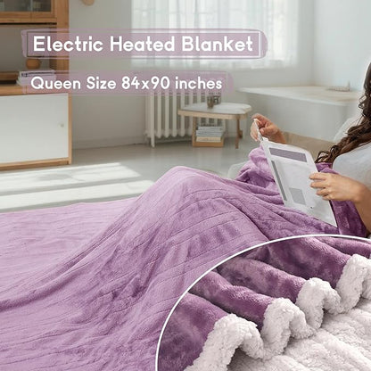 Heated Blanket Electric Blanket Queen Size 84''x90'' with 9 Heating Levels, 1-10 Hour Auto Shut Off, Machine Washable, Dual Controller Soft Warming Blanket for Couch, Bed, Office - Purple