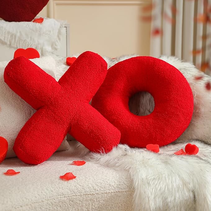 EastTree XO Pillows, Valentines Love XO Shaped Pillow, Red Throw Pillows, Love Pillow Gifts, Ultra Soft Teddy Fleece Wedding Pillows, Women Girls Kid Room Decor, Valentine's Day Decor 14x14 Inch