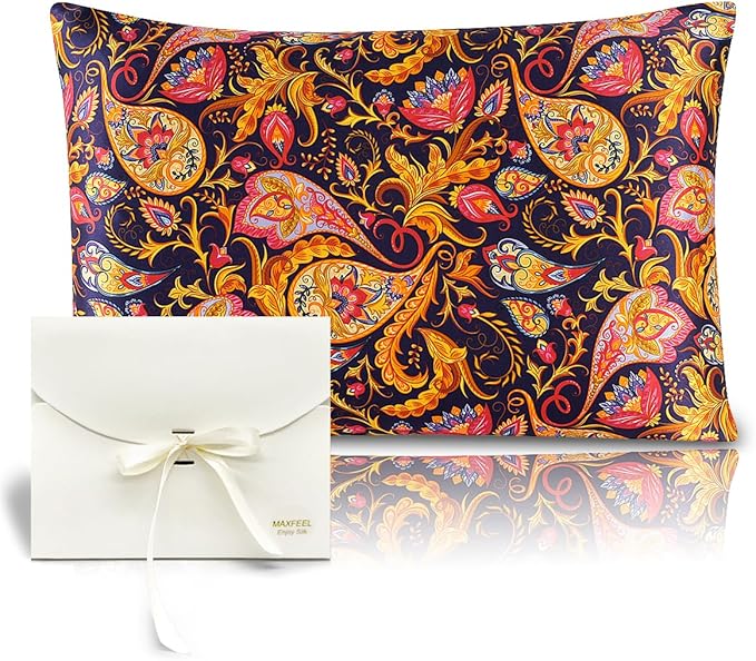 MAXFEEL 100% Pure Mulberry Silk Pillowcase with Zipper for Skin&Hair Care Both Sides Soft Breathable (Pattern01, King)