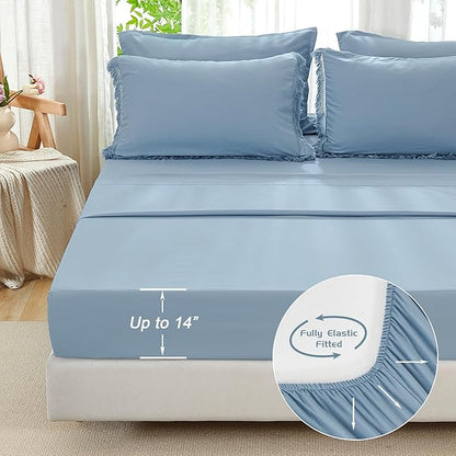 Andency Queen Comforter Set with Sheets Grayish Blue -7 Pieces Boho Tassel Bed in a Bag Soft Lightweight Bedding Sets, All Season Fringe Bed Set with Comforter, Sheets, Pillowcases & Shams