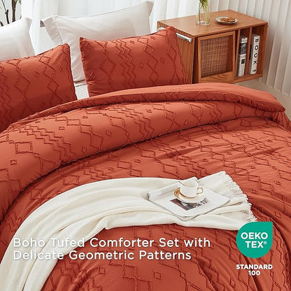 Andency Terracotta Tufted Comforter Set California King(104x96Inch), 3 Pieces(1 Boho Comforter, 2 Pillowcases) Textured Farmhouse Comforter, Soft Microfiber Down Alternative Geometric Comforter Set