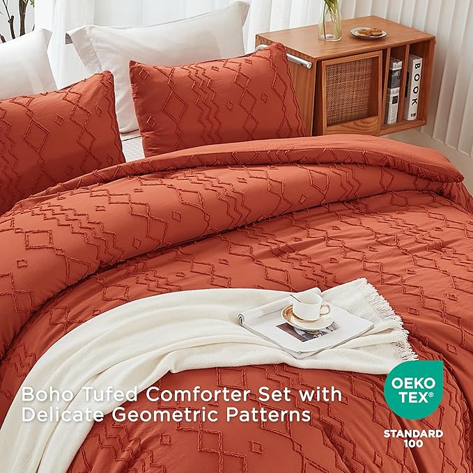 Andency Terracotta Tufted Comforter Set Queen(90x90Inch), 3 Pieces(1 Boho Comforter, 2 Pillowcases) Textured Farmhouse Bed, Soft Microfiber Down Alternative Geometric Fall Bedding Set