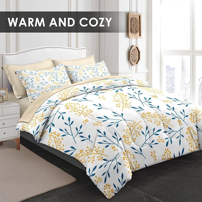 Comforter Set King Size, Floral Yellow Flower 7 Pcs Bedding for Kids and Adults, Blue Leaves Summer Bed Sheet Sets with Fitted Sheet 2 Pillowcases & 2 Shams for Bedroom Bed Decor