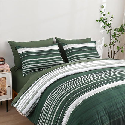 KAKIJUMN 7 Piece Bed in a Bag Stripe Comforter Set Full Size, White Grey Green Patchwork Striped Comforter and Sheet Set, All Season Soft Microfiber Complete Bedding Sets(Dark Green,Full)
