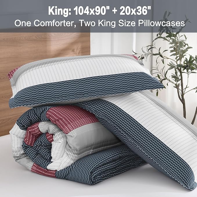 Litanika Comforter Set King Size Red Blue - 3 Pieces Lightweight Colorblock Stripe Fluffy Bedding Comforter Sets, All Season Bed Set