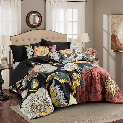 Black Boho Floral King Comforter Set - 3 Piece Farmhouse Botanical Bedding Comforter Sets for All Season Soft Lightweight Mid Century Bed Set, (1 Reversible Comforter and 2 Pillow Shams