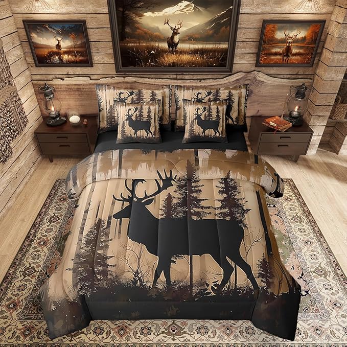 Erosebridal Queen Size Deer Bedding Set 7 Pieces for Kids Teens Adults - Woodland Deer Hunting Bed in A Bag Rustic Farmhouse Style Comforter Set with Sheets Country Rural Cabin Lodge Duvet Insert