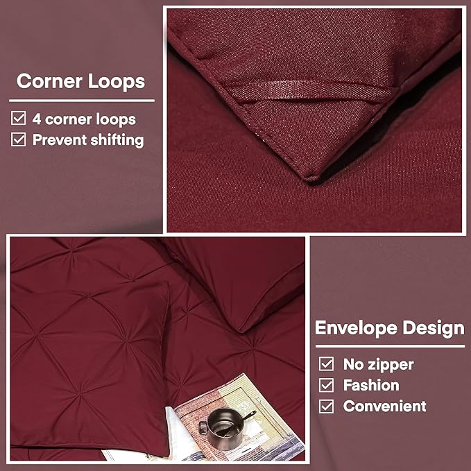 Andency Full Comforter Set Burgundy, 3 Pieces Pinch Pleat Bedding Comforters & Sets, Pintuck Lightweight Fluffy All Season Bed Set for Women Men Girls(79x90Inch)