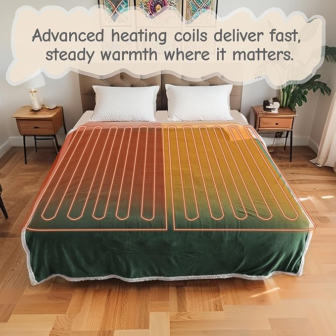 Electric Heated Blanket Throw Size 50"x60", Soft Flannel with Overheat Protection, 9 Adjustable Heat Settings & 10-Hour Auto-Off Timer, Fast Heating for Winter Comfort, Dark Green