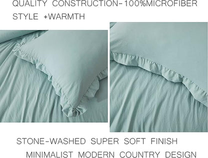 Chezmoi Collection Nora Aqua Comforter Set Full Size 3-Piece Fluffy Soft Lightweight Bedding Ruffled Edge Trim Stone-Washed Microfiber Comforter Set for All Season