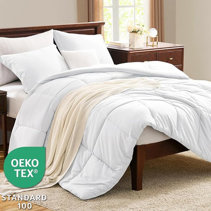 CozyLux King Size Comforter Set - White Comforter King Size, 3 Pieces Box Stitched Bed Set for All Seasons, Soft Lightweight Bedding Sets with 1 Down Alternative Comforter and 2 Pillow Shams