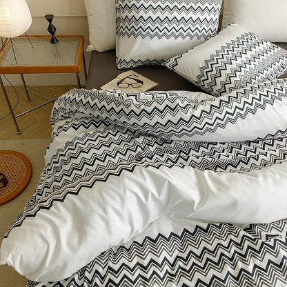 CLOTHKNOW Black White Full Size Comforter Sets 3Pcs Waves Striped Bedding Comforter Sets Black Grey White Farmhouse Comforter with 2 x Pillow Cases