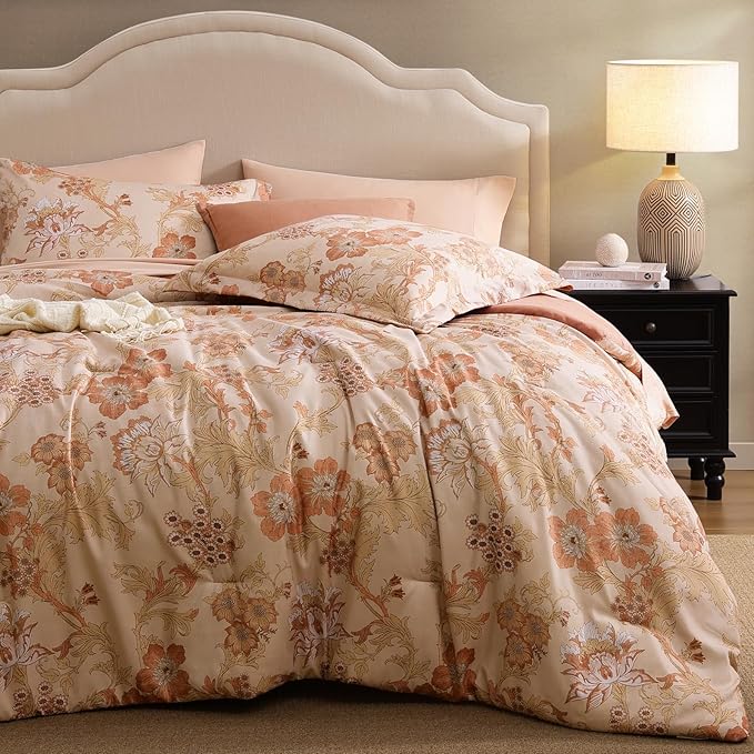 Queen Comforter Set -7 Pieces Terrecotta Floral Comforter Set for All Seasons, Bed in a Bag Queen with Botanical Flowers Comforter, Sheets, Pillowcases & Shams