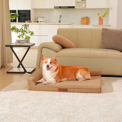 Orthopedic Dog Bed Medium Size Dog, Memory Foam Dogs Bed for Medium Dogs, Washable and Removable Microsuede Cover, Waterproof Liner, Non-Skid Bottom, 35x23x6 Inches, Khaki