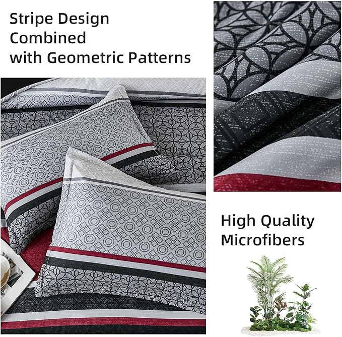 WONGS BEDDING 7 Pieces Comforter Set Queen Size, Black-red Striped Bed in a Bag Comforter and Sheet Set, Black Boho Soft Lightweight Micorfiber Bedding Set for All Season (90"×90")
