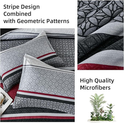 WONGS BEDDING 7 Pieces Comforter Set Queen Size, Black-red Striped Bed in a Bag Comforter and Sheet Set, Black Boho Soft Lightweight Micorfiber Bedding Set for All Season (90"×90")