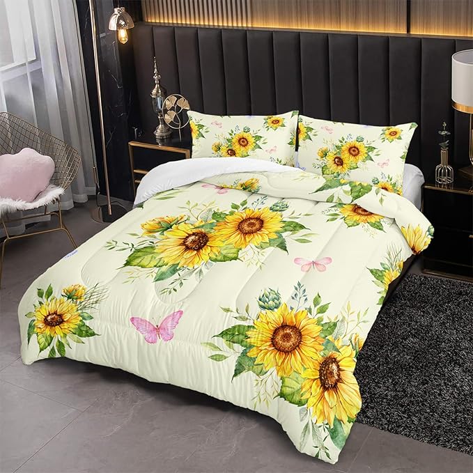 3 Piece Sunflower Comforter Sets Queen Size,Vintage Floral Bedding Set for Girls Boys Adults,3 Piece Bed in A Bag,Ultra Soft Microfiber All Season Yellow Flower Bedding Set