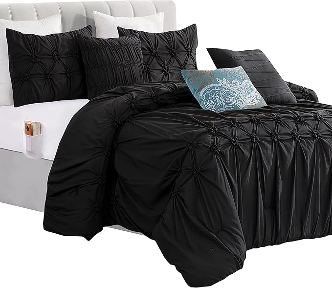 Elegant Comfort 12-Piece Bed-in-a-Bag, Ella Pleated Ruched Pintuck Comforter Set, 6-Piece Sheet Set Featuring Smart Pockets, Matching Decorative Pillows, All Season Bedding, Full, Black