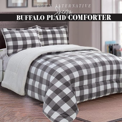 Elegant Comfort 3-Piece Buffalo Lodge-Plaid Comforter Set, Luxurious, Heavyweight, All Season, Down Alternative-Micromink Sherpa-Backing Reversible Micro-Suede, Soft and Plush, King, Gray/White