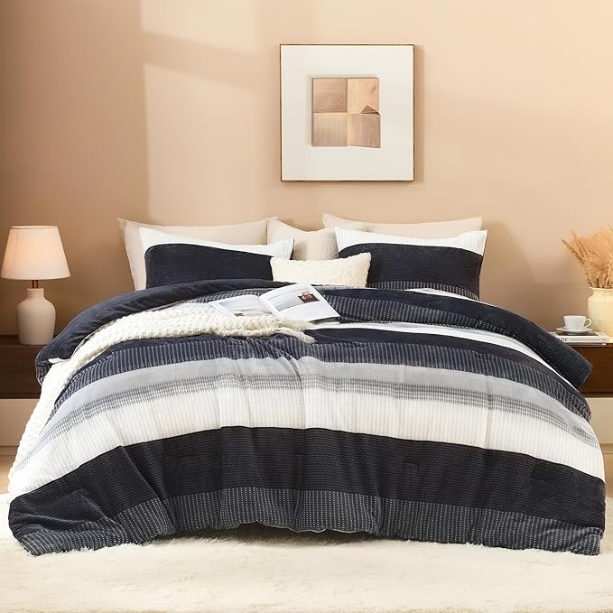 Litanika Fluffy Fleece Twin Comforter Set, Luxury Soft Plush Fuzzy Black Blue Stripe Bedding Comforter Sets, Warm Shaggy Faux Fur Bed Set All Season (1 Comforter, 1 Pillowcase)
