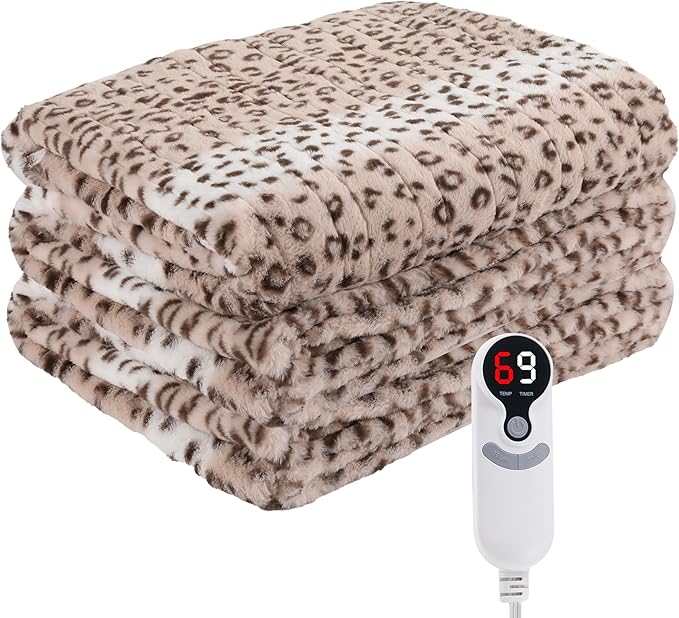 Electric Heated Blanket Full Size 72"x84",Fast Heating Throw, Soft Microplush for Bed & Couch, 1-10Hs Auto Off & 6 Heating Levels, Machine Washable, Gifts for Family-Leopard Print Beige