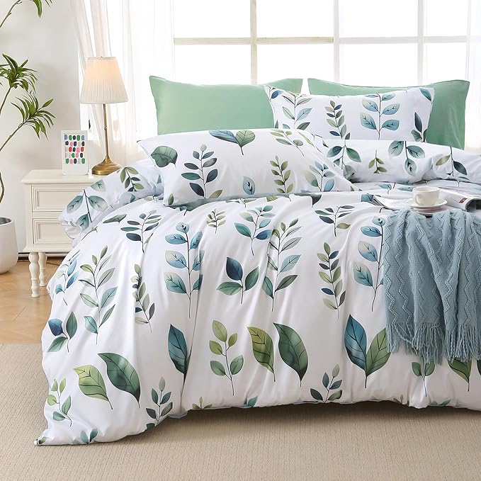 MUXHOMO Grey Green Foliage Bed in a Bag Queen 7 Pieces, Queen Comforter Set Reversible Botanical Flowers Design, Ultra Soft & Breathable Bedding Sets with Comforter, Sheets, Pillowcases & Shams