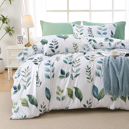 MUXHOMO Grey Green Foliage Bed in a Bag Queen 7 Pieces, Queen Comforter Set Reversible Botanical Flowers Design, Ultra Soft & Breathable Bedding Sets with Comforter, Sheets, Pillowcases & Shams