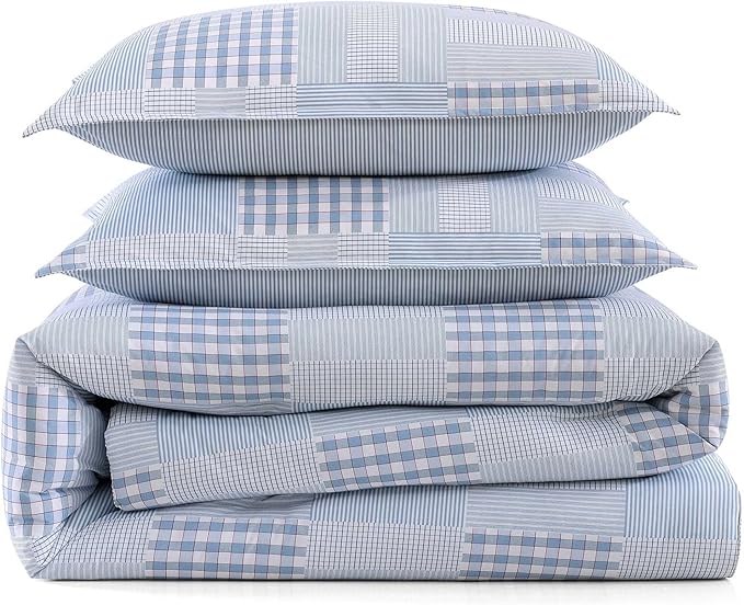 Tommy Hilfiger - Full/Queen Comforter Set, Cotton Textured Bedding with Matching Shams, Medium Weight Bed Set, Oeko-TEX Certified (Hamptons Patchwork Blue)